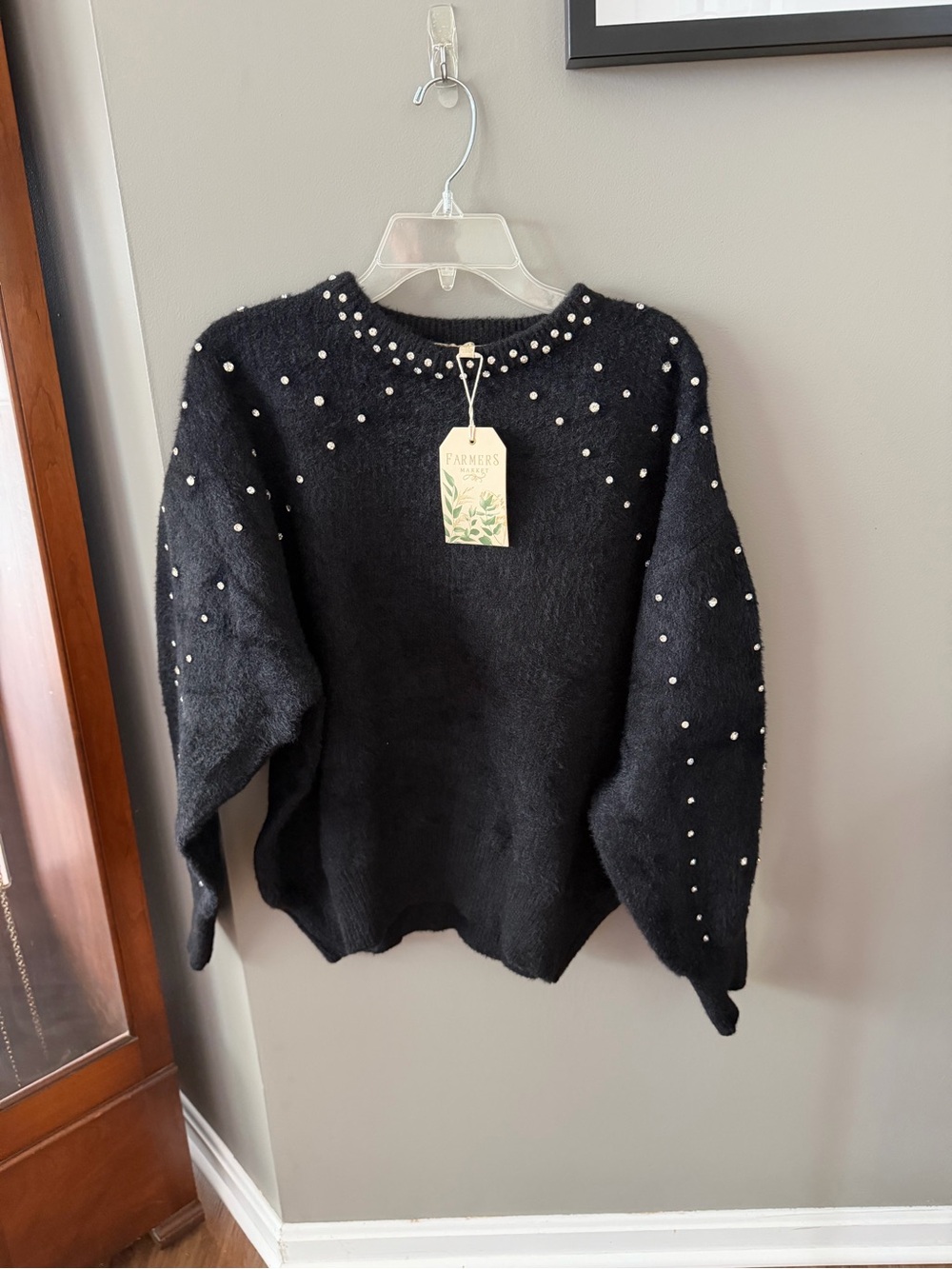NWT. Farmers Market Black Furry Crewneck Sweater w Rhinestones. XL